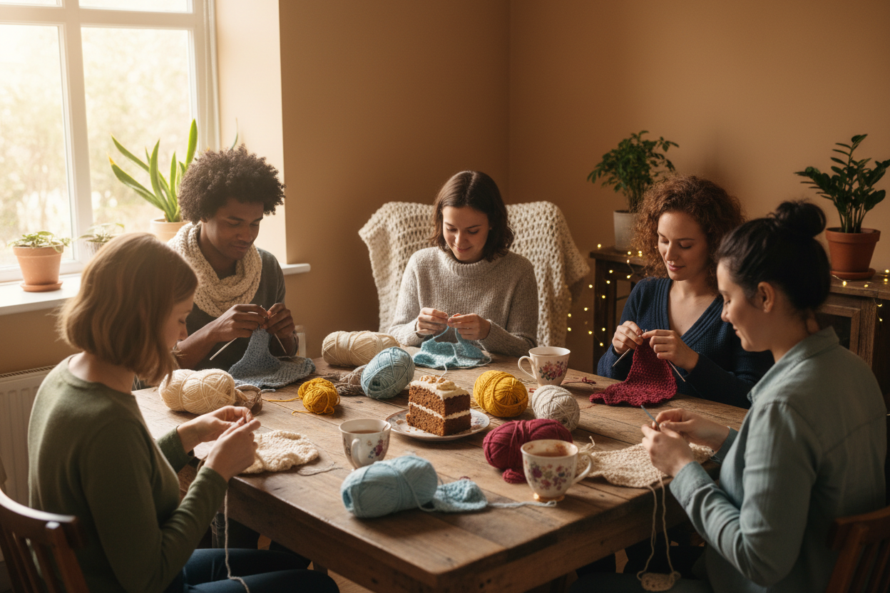 A warm and cosy crochet class with people crocheting together