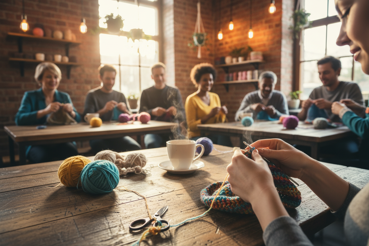 Close-up of hands crocheting at a table