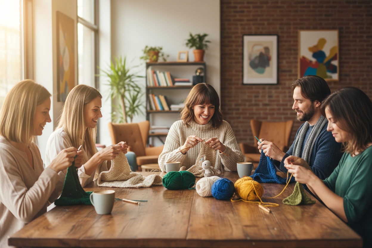 Group crochet class around a table